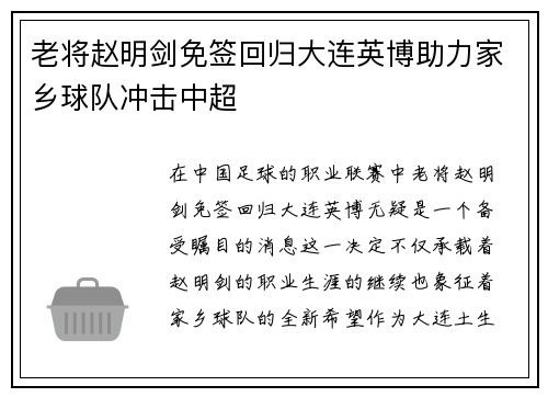 老将赵明剑免签回归大连英博助力家乡球队冲击中超